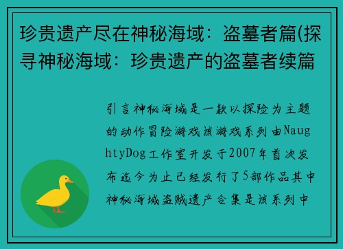 珍贵遗产尽在神秘海域：盗墓者篇(探寻神秘海域：珍贵遗产的盗墓者续篇)