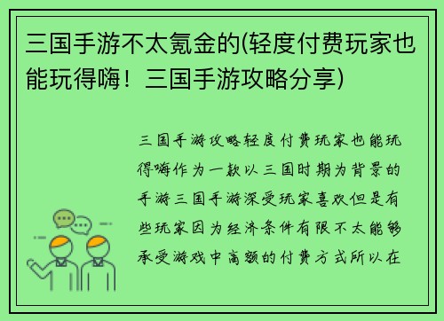 三国手游不太氪金的(轻度付费玩家也能玩得嗨！三国手游攻略分享)